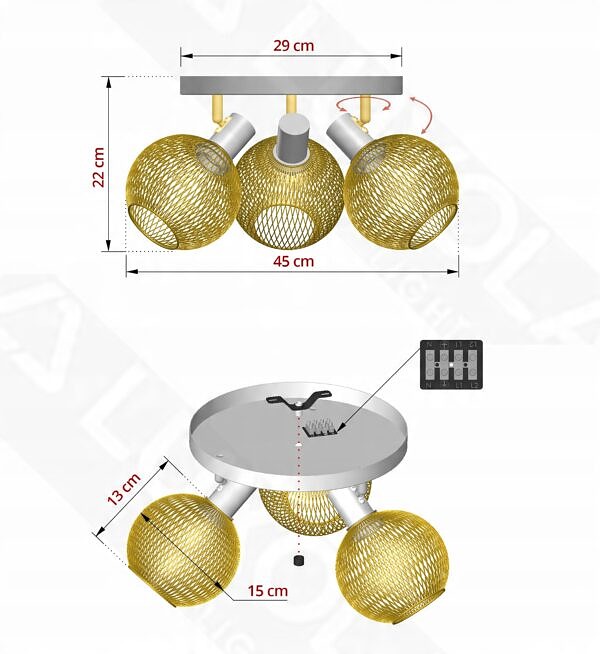 Lampa Sufitowa Żyrandol Plafon Gold Globe 488-EG3 LED 3xE27 LED Ruchome - obrazek 12