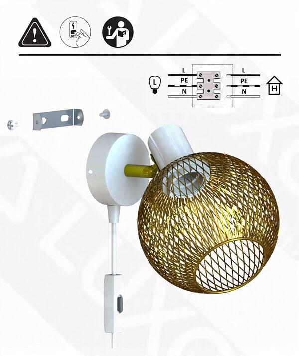 Lampa Ścienna Kinkiet Gold Globe Biała 488-KWP E27 z włącznikiem i wtyczką - obrazek 6